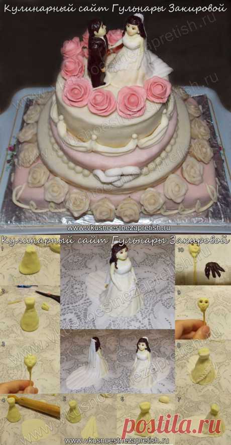 Свадебный торт с фигурками молодоженов из мастики