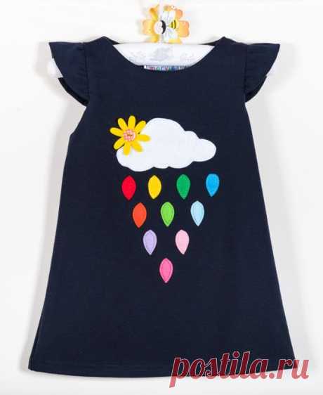 Toddler girl dress, clouds and rainbow rain, colourful clothes, spring clothes, children clothing, dark blue dress, felt appliques