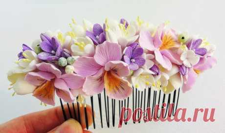 rustic wedding, woodland wedding, flower hair comb, wedding headpiece, wedding accessories, wedding flower, Floral Head Piece Pansies This bridal comb is so authentic looking (and even feeling) that you would never know its not real. The delicate floral design of this couture designer wedding headpiece is sweet, whimsical and romantic. Each flowers and details is handcrafted. Made by me completely by hand from air dry clay, which is non-toxic, soft and flexible. Perfect fo...