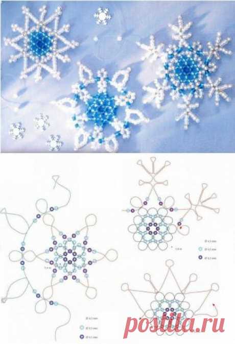 Снежинки из бисера Снежинки из бисера будут прекрасно смотреться на новогодней елке. Если вы не знаете, как сплести ажурные и красивые снежинки, то эти три схемы вам обязательно пригодятся.