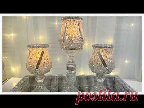 $2 DOLLAR TREE DIY INTO GLAM CANDLE HOLDERS USING CRUSHED GLASS | DIY WEDDING DECOR - YouTube