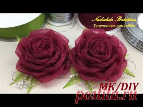 (155) Вишнёвые розы, на заколке, из органзы. - YouTube