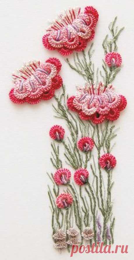 Just beautiful! Crocheted flowers + embroidery on…