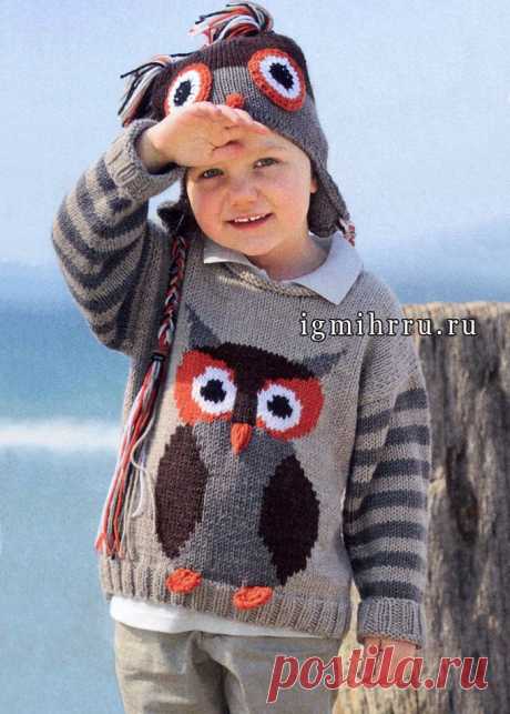 Забавные мотивы на радость детишкам. Пуловер и шапочка с совой для девочки. Спицы