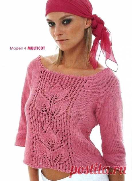 Розовый пуловер спицами с узором тюльпаны