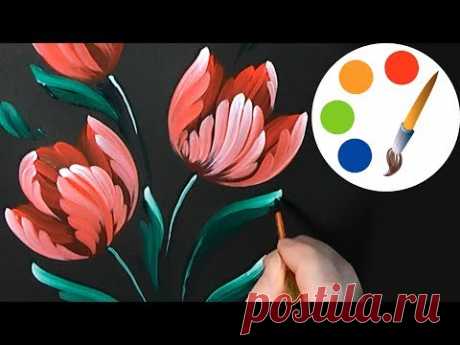 🌷 How to paint a Tulip by a round brush,  paint a flower