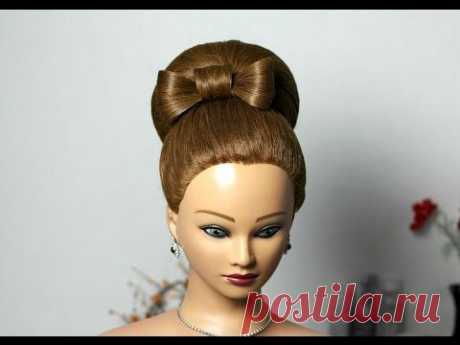 Bun with hair bow for long hair. Updo hairstyles. Прическа: Бабетта с бантом из волос. - YouTube