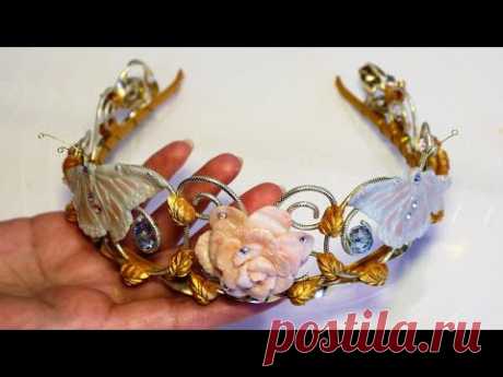 Flower Tiara with polymer clay rose and butterflies, leaves with gold leaf 23 ct. Diy headband crown