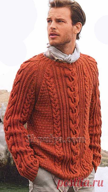 Мужской пуловер терракотового цвета — Shpulya.com - схемы с описанием для вязания спицами и крючком