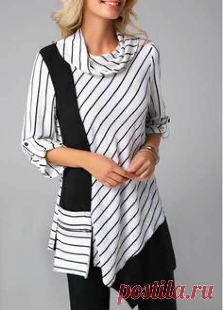 Cowl Neck Roll Tab Sleeve Stripe Print Blouse | modlily.com - USD $30.58