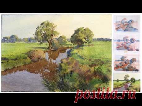 20230508 Акварельный пейзаж с рекой. Watercolor Riverscape