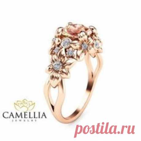 Floral Design Morganite Engagement Ring 14K Rose Gold Flower Ring Unique Peach Pink Morganite Ring Art Nouveau Styled Wedding Ring