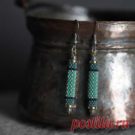 Peyote Beaded Earrings Miyuki Beads Green, Golden, Black Surgical Steel - Etsy Australia