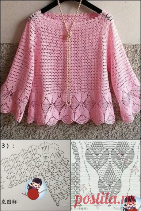Нежный розовый пуловер крючком | Детская одежда крючком. Схемы