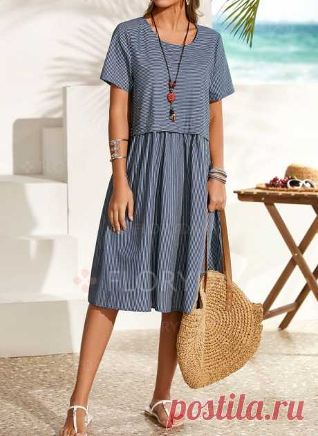 Casual Stripe Tunic Round Neckline Shift Dress - Floryday