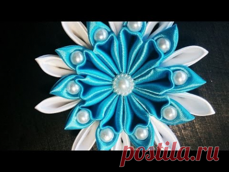 КАНЗАШИ для начинающих ЦВЕТОК ИЗ АТЛАСНОЙ ЛЕНТЫ С БУСИНАМИ МК DIY KANSASHI for Beginners FLOWER