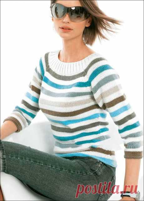 Пуловер в полоску с рукавом 3/4: схема спицами - Портал рукоделия и моды