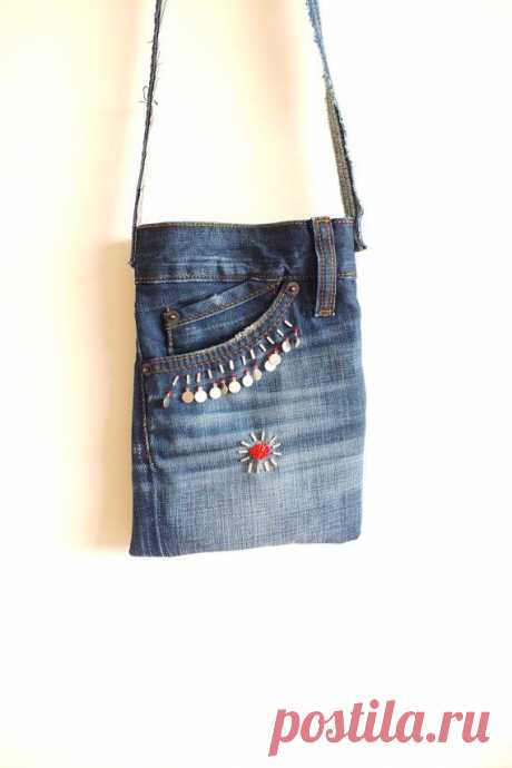 Cross Body Bag with Beads Recycled Denim Jeans Small от Zembil