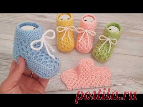 İki Şişle Krokodil Desen Bebek Patiği Çorabı / Knitting Baby Socks Booties DIY Pattern Design