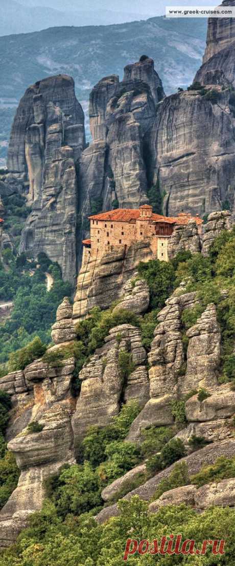 The Monastery of Rousanou looks out onto the enormous sandstone pillars of the Meteora area of Greece ~ absolutely incredible  |  Pinterest • Всемирный каталог идей