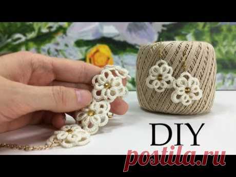 Needle tatting. Flower bracelet and earrings / Фриволите иглой. Браслет и серьги из мотивов-цветков