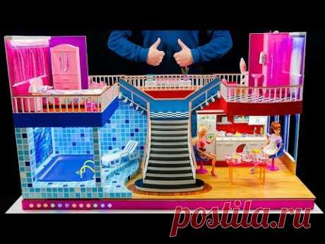 Как Сделать миниатюрный кукольный дом Для Барби! Кухня, Спальня и бассейн, с подсветкой, гостиная!