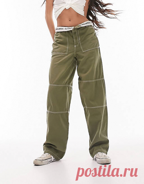 Topshop workwear straight leg pants with fold over waistband detail in khaki | ASOS