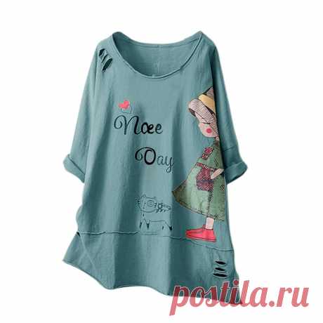 756--Мода женщин O-Neck короткий рукав Мультфильм Печать Хлопка и льняной верхней блузке – купить по низким ценам в интернет-магазине Joom