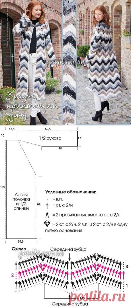 Пальто крючком узором Зигзаг. Описание, схема вязания