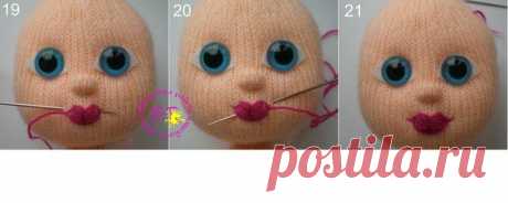 Как вышить губки вязаной кукле