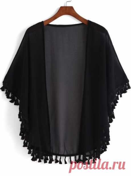 Black Casual Tassel Loose Kimono -SheIn(Sheinside)