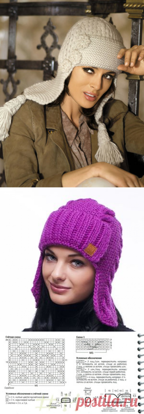 Вязание шапки-ушанки и мастер-класс по вязанию шапки-ушанки, схема вязания женской ушанки, вязаный убор