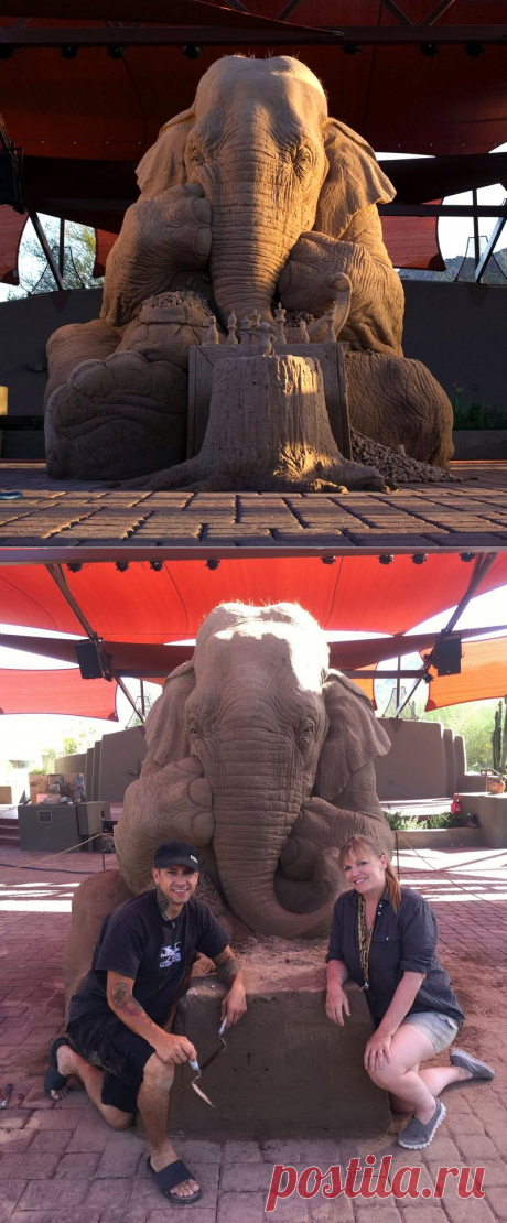 Потрясающая песчаная скульптура в натуральную величину - «Слон играет в шахматы с мышкой»!
