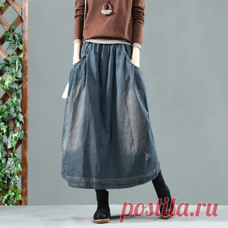 Spring Winter Elastic Waist Retro Skirt Women Denim Loose Skirt Pockets Female Pocket Casual Denim Skirts