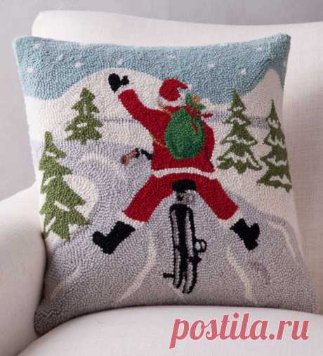 Hand-Hooked Wool Santa on Bike Pillow | All-Natural | Our Values | VivaTerra Display classic holiday style with these hand-hooked pillows, featuring the most idyllic scenes of the season. The designs are rendered in cozy 100% hooked-wool and finished with a cream linen back. Every pillow includes a natural down feather filled insert for a plush look and soft feel, and the covers zip open and closed for easy removal if needed. Perfect for a season full of warm color and ...