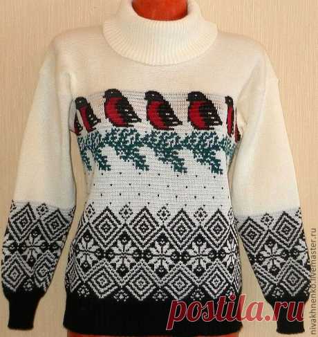 Вязаный свитер Снегири - чёрно-белый,вязание на машине,машинное вязание на заказ
