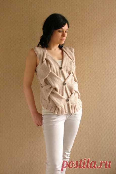 Light Beige Hand Knit Vest Modern Vest Wool Vest Natural Colors Womens Clothing…