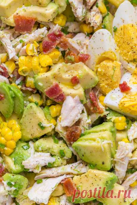 Avocado Chicken Salad Recipe (VIDEO) - NatashasKitchen.com This Avocado Chicken Salad recipe is a keeper! Easy, excellent chicken salad with lemon dressing, plenty of avocado, irresistible bites of bacon and corn.