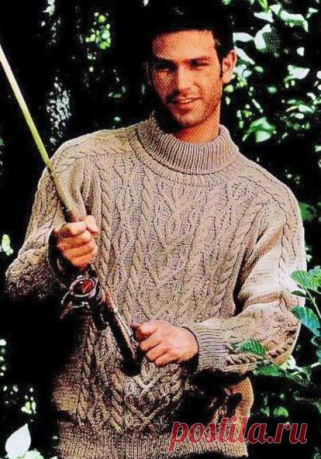 Мужской пуловер спицами с плечевыми вставками