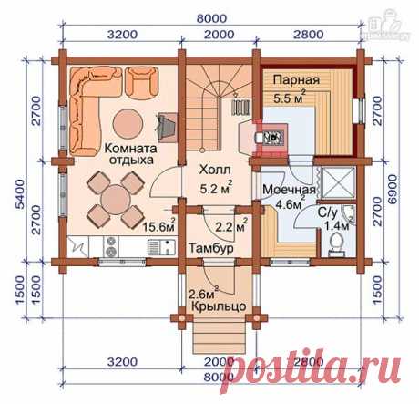 Дом-баня с двумя спальнями 5.6х8.2 м, проект П-264