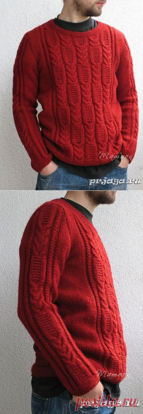 Красный свитер спицами для мужчин от Agata Smektala, модель выполнена чередованиям кос с платочным узором и лицевой гладью.