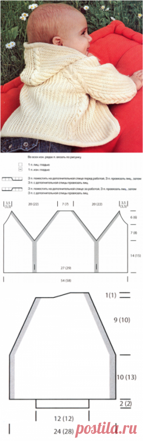 Схема вязания спицами, кофточка с капюшоном для новорожденного.
