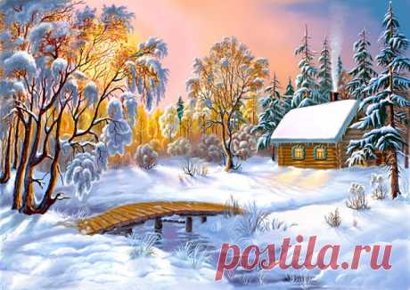 Избушка в зимнем лесу (АЖ-1283) - картина стразами | Купить мозаику «Алмазная живопись» в интернет-магазине «Мир Вышивки»