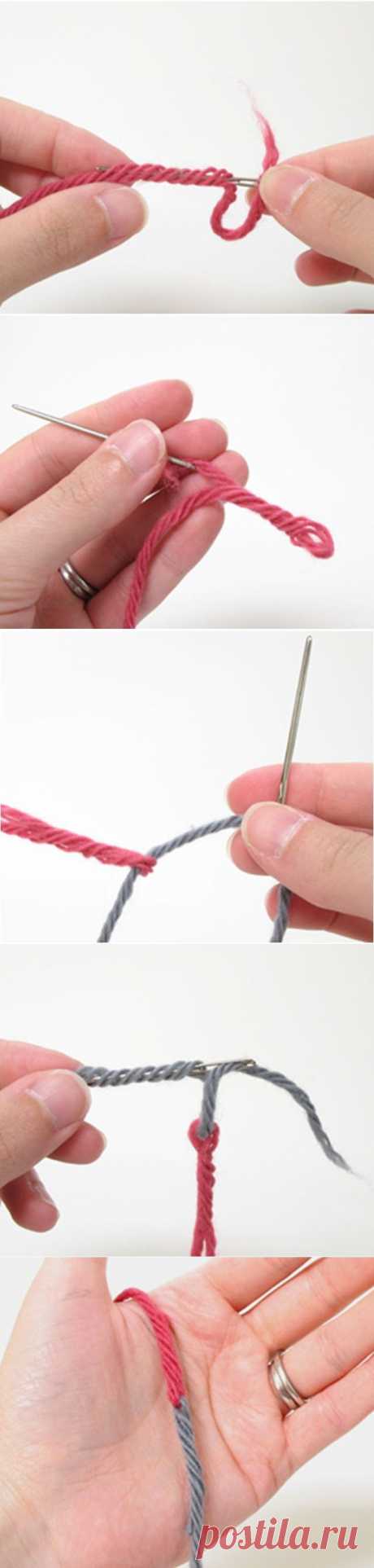 Как соединить концы нитей без узла в вязании..