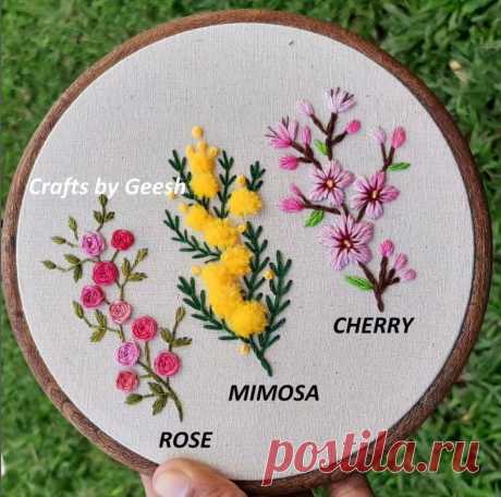 Вышивка цветов декоративными швами: роза, мимоза и вишня. МК