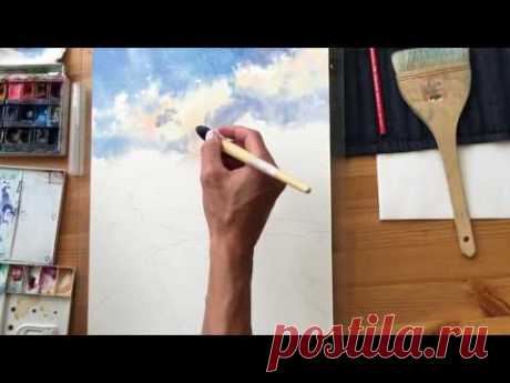 Рисуем акварелью: горы, облака - YouTube