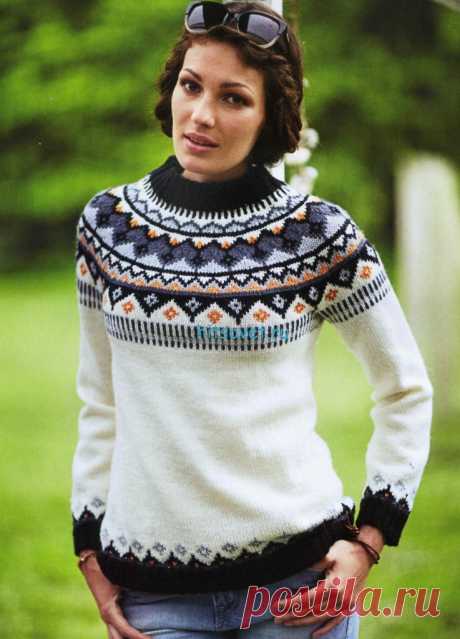 Жаккардовые пуловеры с круглой кокеткой спицами | Рукоделие