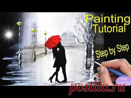 How to paint COUPLE kissing red UMBRELLA . Rainy Day painting Tutorial Step by Step in acrylic