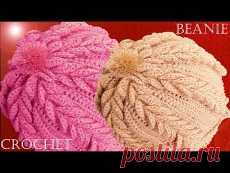 Como tejer a Crochet o Ganchillo gorro boina en punto de hojas dobles en relieve