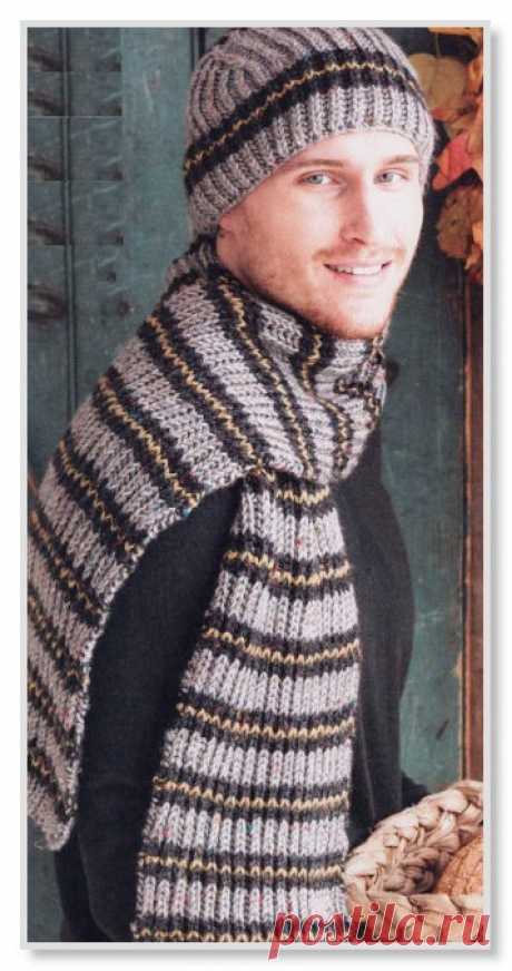 Вязание спицами. Описание мужской модели со схемой и выкройкой. Полосатые шапка и шарф из твидовой пряжи. Размер 52 х 25,5 см